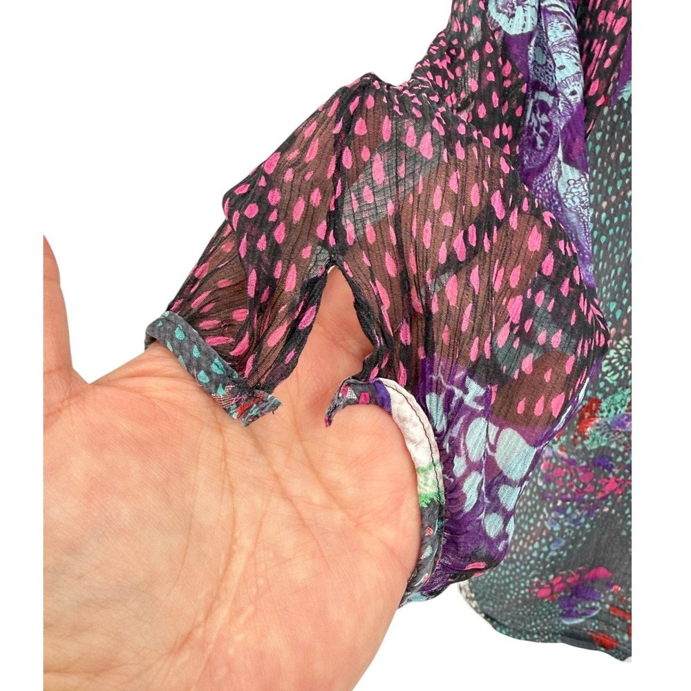 Custo Barcelona Womens Abstract Print Keyhole Tie Neck Chiffon Blouse 4 Flaw - Picture 4 of 8